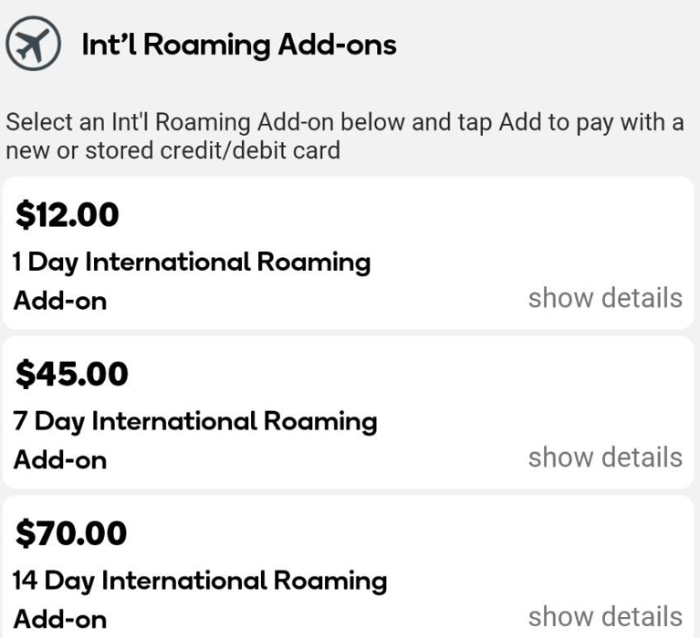 Int'l Roaming Add-onsの画面